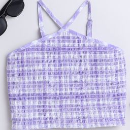 Taffykids Viscose Rayon Halter Neck Checked & Smocked Detailed Crop Top - White &  Lavender-image-4