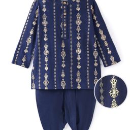 Earthy Touch Single Jersey Knit Full Sleeves Kurta Dhoti Set Foil Print - Navy Blue-27