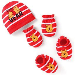 Babyhug Interlock Knit Cap Mittens And Booties with Winnie The Pooh Print - Red-14