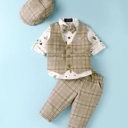 Robo Fry Lycra Knit Full Sleeves Printed 3 Piece Party Suit With Bow & Hat - Brown-image-86