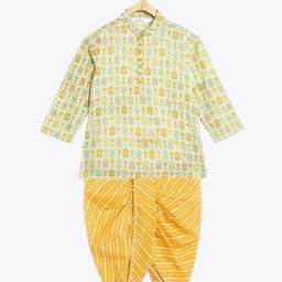 Campana 100% Cotton Full Sleeves Geometric & Leheriya Printed Dhoti Kurta Set - Yellow & Off White-picture-3