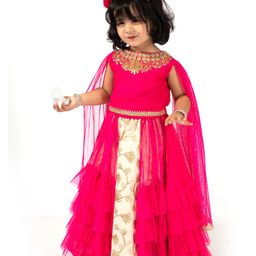 Elaisha Draped Sleeves Sequin Embroidered & Lace Embellished Top With Underlay Ruffled Skirt - Pink & Off White-image-35