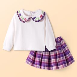 Babyhug Terry Knit Full Sleeves Top & Checkered Skirt Set With Floral Embroidery & Peter Pan Collar - White & Purple-image-97