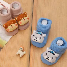 Yellow Bee Cotton Pack Of 2 Dog & Bear Applique Designed Socks - Beige & Blue-picture-34