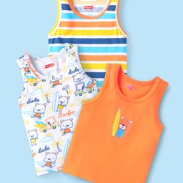Babyhug 100 % Cotton Knit Sleeveless Striped & Animal Printed Vests Pack of 3 - Coral & White-image-55