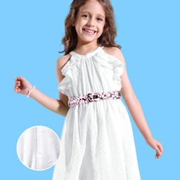 Hola Bonita Woven Sleeveless Solid Color Halter Neck Dress In Dobby Fabric - White-image-2