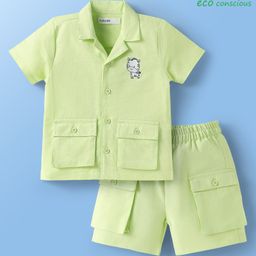 Babyoye Half Sleeves Cotton Linen Shirt & Shorts Co-Ords Set with Zebra Embroidery - Light Green-image-27