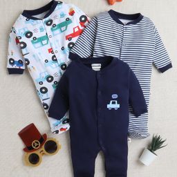 BUMZEE Cotton Knit Full Sleeves Footed Sleep Suits with Cars Print & Stripes Pack of 3 - Navy Blue & White-image-13