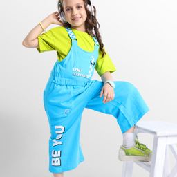 Ollington St. 100% Cotton Printed Dungaree & Half Sleeves Inner Top -Green & Light Blue-picture-9