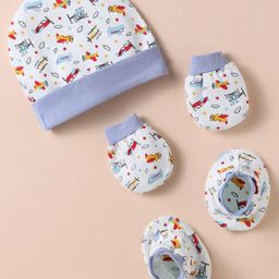 Ben Benny 100% Cotton Knit Cap Mitten Booties Set with Aeroplane Print White & Blue - Diameter 11 cm-12