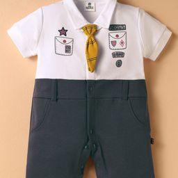 Mini Taurus Cotton Knit Half Sleeves Rompers With Tie Applique - Charcoal Grey & White-image-81