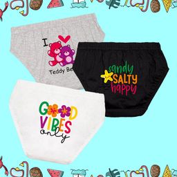 NUSYL Cotton Pack Of 3 Good Vibes Only Text & Teddy Bear Printed Panties - Grey Black & White-21