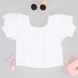 Pantaloons Junior Cotton Half Sleeves Floral Schiflli Embroidered Top - White-picture-20