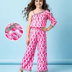 EARTHY TOUCH Cotton Woven Full Sleeves Indo Western Co-Ord Set with Floral Print - White & Pink-picture-27