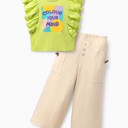 OLLINGTON ST. Cotton Knit Frill Sleeves Text Printed Top & Trackpant Set -Multicolor & Beige-image-98