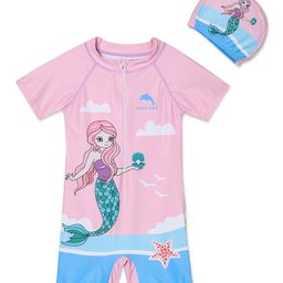 The Mom Store Half Sleeves Tiny Mermaid Printed Swimsuit With Cap - Multi Colour-picture-0