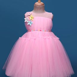 Bluebell Net Woven Sleeveless Solid Coloured Frock With Floral Corsage & Pearl Embellished Detailing - Pink-picture-8