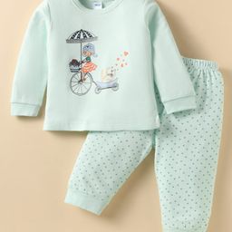 Tango Interlock Knit Full Sleeves Night Suit with Heart Print - Aqua Blue-image-92
