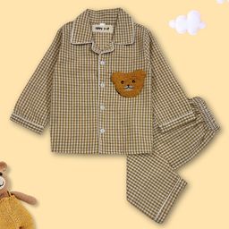 TIPPY TOP Pure Cotton Woven Full Sleeves Checked & Teddy Bear Patch Detailed Coordinating Night Suit Set - Beige-image-73