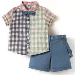 ToffyHouse Poplin Woven Half Sleeves Checekered Shirt & Shorts Set with Bow & Suspender - Grey & Light Green-picture-2