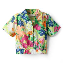 CrayonFlakes Cotton Woven Half Sleeves Floral Printed Shirt Style Crop Top - Green-picture-29