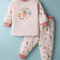 Pink Rabbit Single Jersey Knit Full Sleeves Night Suit with Farm Print - Pink-image-86