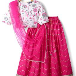 Pine Kids Woven Half Sleeves Choli Lehenga Set with Dupatta Floral Glitter Print & Lace Detailing - Pink-picture-37