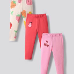 Bonfino 100% Cotton Knit Full Length Leggings With Tropical Theme Print Pack Of 3 - Red Pink & Ivory-image-98