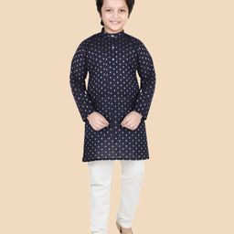 ETHNIKS NEURON Cotton Silk Woven Full Sleeves Ethnic Motif Printed Kurta Pyjama Set - Navy Blue-image-22
