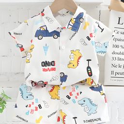 Googo Gaaga Cotton Woven Half Sleeves Dinosaurs Printed Shirt & Coordinating Shorts Set - White-picture-5