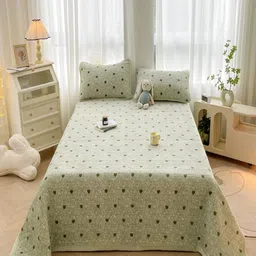 JC HOME Green & Black Printed Double Bed Cover With Pillow Covers-image-9
