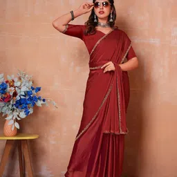 VRAGI Embellished Border Beads and Stones Pure Chiffon Saree-14