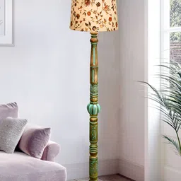 Homesake Royal Carving Beige Printed Antique Algae Finish Wooden Floor Lamp With Shade-15