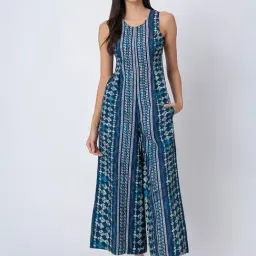 Moomaya Sea Green Cotton Regular Fit Stripes Jumpsuit-image-117
