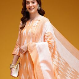 HERE&NOW Ikat Print Pure Cotton Kurta with Trousers & Dupatta-16