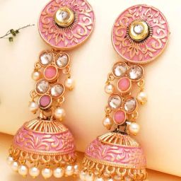 Karatcart Gold-Plated Pink Meena & Pearl Studded Jhumki Earrings for Women-45