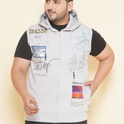 John Pride Grey Regular Fit Plus Size Printed Hooded Sweatshirt-picture-0
