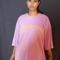 BANGS AND CRACKLES Women Dual Fusion Self Design Round Neck Cotton Oversized T-shirt-image-5