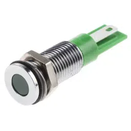 RS PRO Green Panel Mount Indicator 24V DC, Mounting Hole Size 8 mm, Termination Type Faston, Solder Lug, IP Rating IP67, Model No 9138716-33