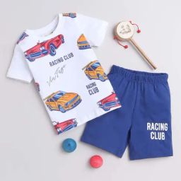 Bumzee Kids White & Navy Cotton Printed T-Shirt Set-image-78