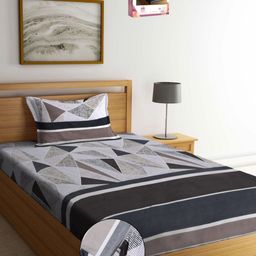 Myntra Elegant Homes Grey & Blue Geometric 300 TC Single Bedsheet with 1 Pillow Covers-picture-0