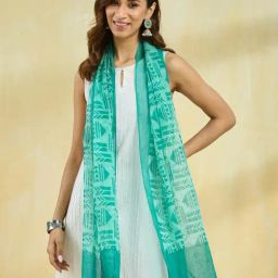 Fabindia Turquoise Cotton Silk Hand Block Printed Stole-25