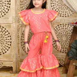 Saka Designs Kids Dark Peach & Gold Printed Top with Sharara-picture-0