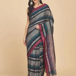 Fabindia Grey Striped Saree Without Blouse-image-25