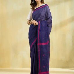 Fabindia Navy Cotton Jamdani Saree-picture-27