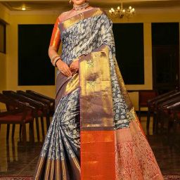 JUST FASHION Navy & Orange Silk Zari Work Saree With Unstitched Blouse-picture-10