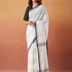 Fabindia Natural & Black Cotton Jamdani Saree-picture-24