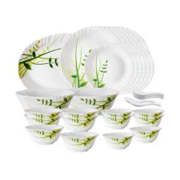 Borosil Fluted Series Green Herbs White Opalware Dinner Set - 33 Pieces-picture-22