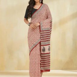 Fabindia Red Cotton Bagru Printed Saree-image-22