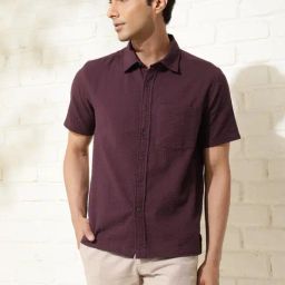 Fabindia Wine Cotton Seersucker Straight Fit Regular Shirt-image-2